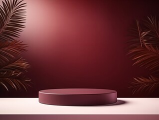 Maroon background with shadows of palm leaves on a maroon wall, an empty table top for product presentation. A mockup banner 