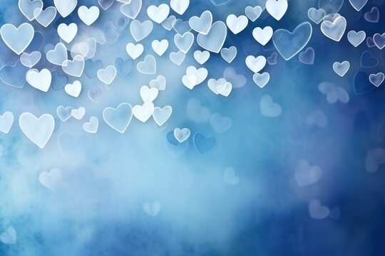 Light indigo background with white hearts, Valentine's Day banner with space for copy, indigo gradient, softly focused edges, blurred