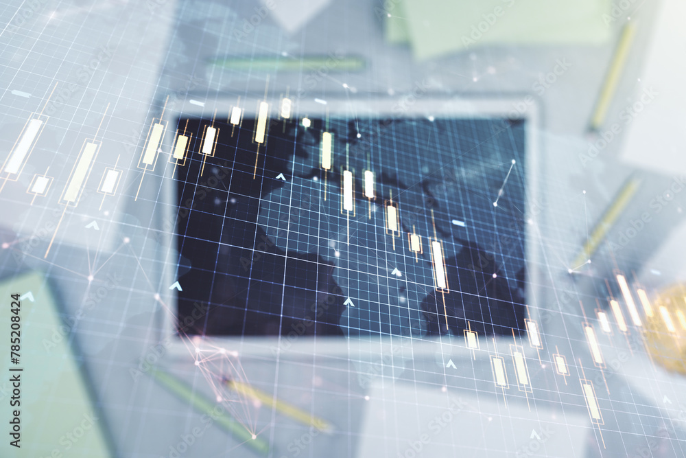 Poster multi exposure of abstract creative financial chart with world map and digital tablet on background,