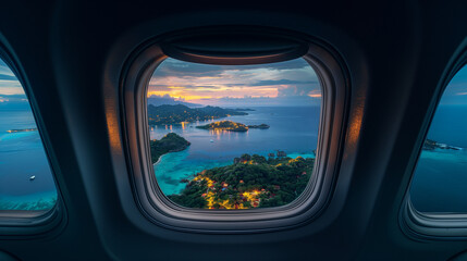 Breathtaking photo from the airplane window to the evening islands in the ocean in the light of sunset, an atmosphere of travel and tranquility.