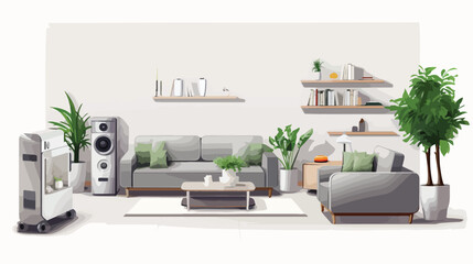 Fototapeta na wymiar 3D rendering living room gray sofa TV robot vacuum