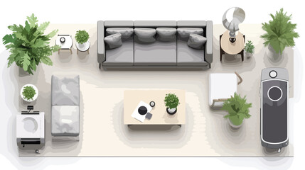 3D rendering living room gray sofa TV robot vacuum