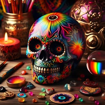 Magical skull painted with rainbow colors.