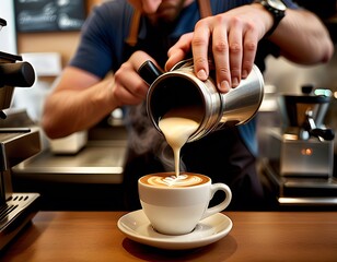 Coffee Shop Barista Pouring Latte Art. pouring steamed milk into a cup of espresso in a busy, modern coffee shop. The moment captures the creation of latte art, showing a delicate leaf pattern forming