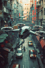 A flying taxi hovering above a street in a city