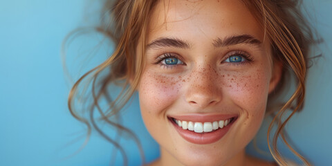 Beautiful smile of a young woman with clean teeth, taking care of teeth, Dental health care concept - obrazy, fototapety, plakaty