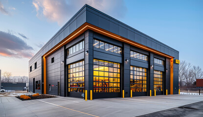Photo of an industrial building with black metal panel walls and glass windows, modern style architecture, bright yellow accent lighting on the exterior wall panels. Created with Ai