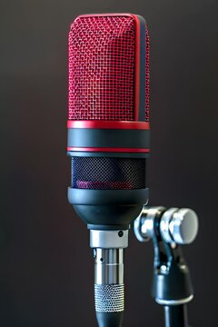 studio photo of a red and black microphone on a stand, isolated on a solid background, commercial photography, high resolution, professional photograph with professional lighting on a studio