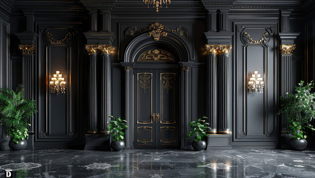 3D render of a dark interior wall with a door and columns, classical architecture with gothic elements. Created with Ai