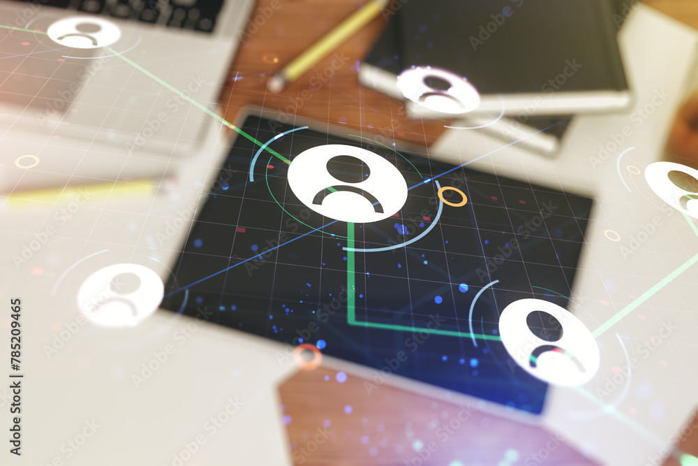 Poster double exposure of social network icons concept and digital tablet on background, top view. marketin