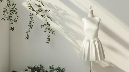 Sleeveless white dress mockup, mannequin dress, white wall background