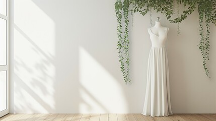 Sleeveless white long dress mockup, mannequin dress, white wall background