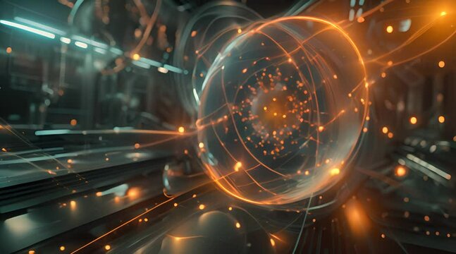 Visualization of an antimatter molecule in a high   security lab, glowing containment fields, dark futuristic setting