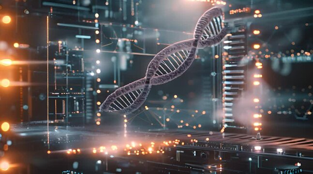 Advanced molecular biology lab, DNA strands manipulated in real   time, interactive holographic interfaces