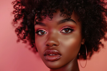 Fashionable african brazilian portrait of cute lady indoors. close up beautiful model girl in elegant pose isolated on pink background. closeup beauty frizzy-haired woman with hairstyle and makeup.
