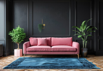 A living room with dark gray walls, a pink sofa and a wooden coffee table on a blue rug in the style of Scandinavian interior design