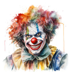 Clown smiling watercolor in transparent and white background png. A jester in a carnival costume with multi-colored hair.
