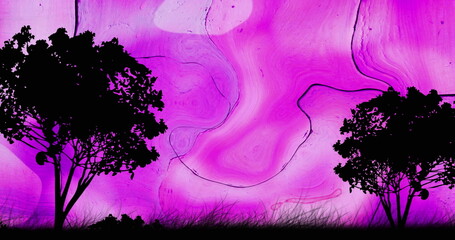 Image of tree silhouettes over wavy purple background