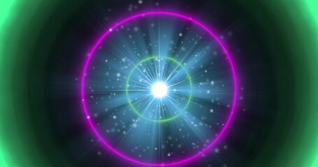 Image of light trails and circles on black background