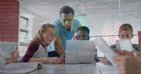 Image of caucasian teacher teaching multiracial students using laptop over infographic interface