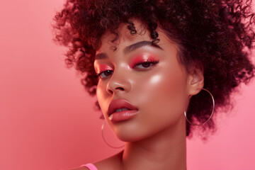 Fashionable african brazilian portrait of cute lady indoors. close up beautiful model girl in elegant pose isolated on pink background. closeup beauty frizzy-haired woman with hairstyle and makeup.