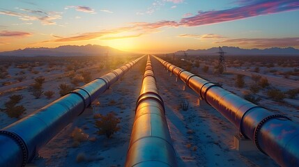 Desert Duet: Twin Pipelines at Sunset. Concept Landscape Photography, Industrial Structures, Sunset Silhouettes, Contrast of Nature and Technology