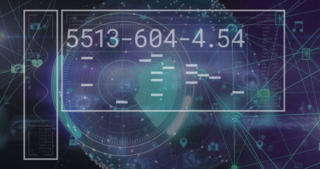 Image of digital screen with data processing, radar and numbers on navy background