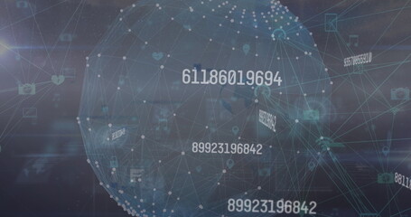 Image of various digital icons and globe with rapid changing numbers