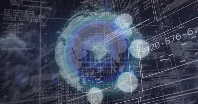 Animated multiple exposure of globe and rapid changing data with clouds in background