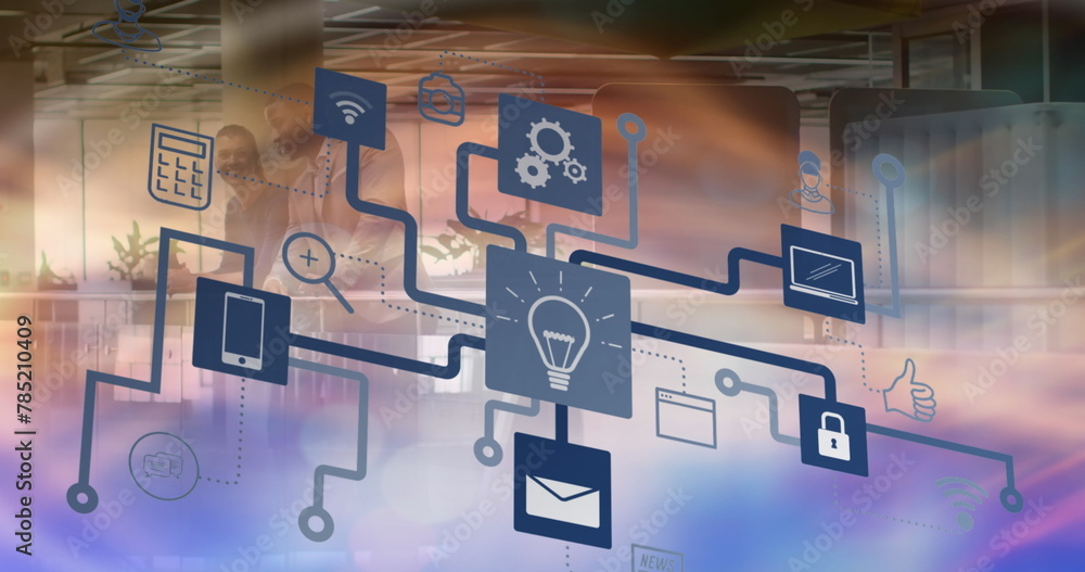 Poster image of flowchart with computer icons over african american colleagues discussing in office