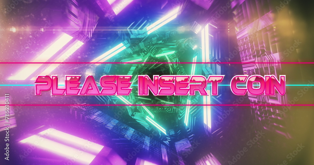 Aufkleber image of please insert coin text over neon green and pink glowing tunnel in seamless pattern