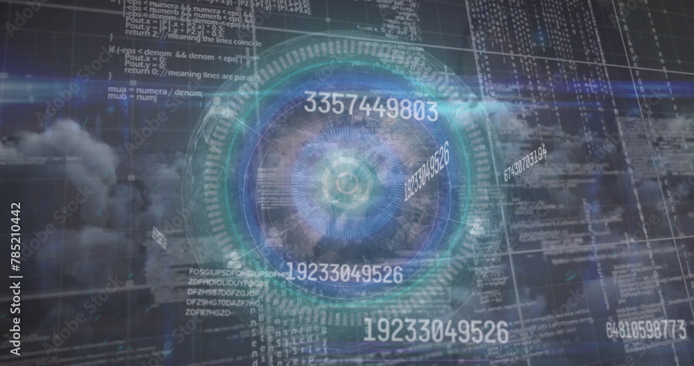 Poster animated multiple exposure of rapid changing numbers and globe with clouds in background