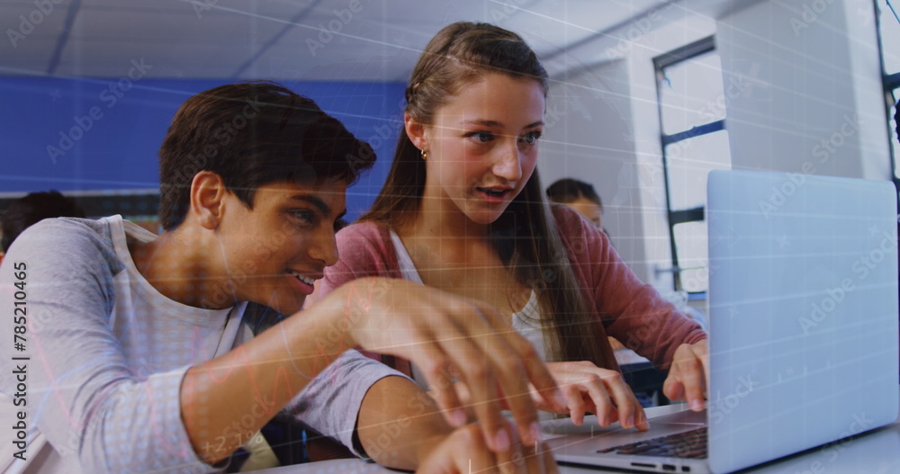 Poster image of multiracial students studying using laptop in classroom over trading board and graph