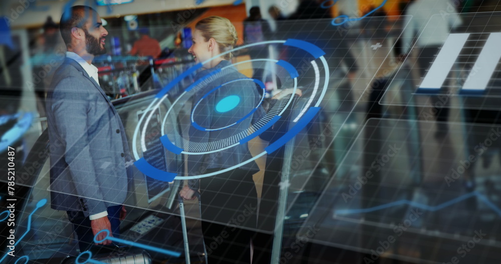 Poster image of scope scanning and data processing over diverse people at airport