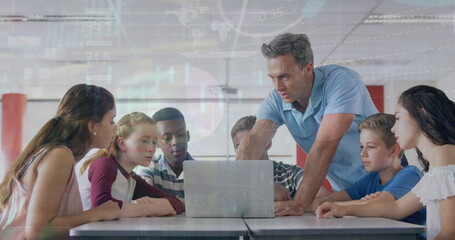 Image of male teacher teaching multiracial students with laptop over infographic interface - Powered by Adobe