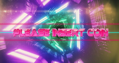 Image of please insert coin text over neon green and pink glowing tunnel in seamless pattern