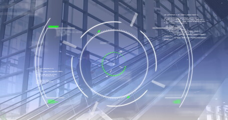 Image of scanning circle with programming language over businessman using phone on escalator