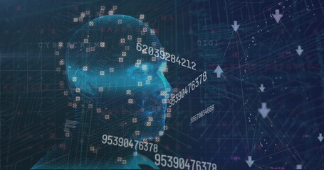 Image of digital screen with data processing, connections and head model on navy background