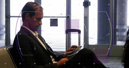 Image of scope scanning and data processing over caucasian businessman at airport