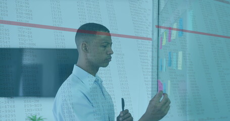 Image of data processing against african american man sticking memo notes at office