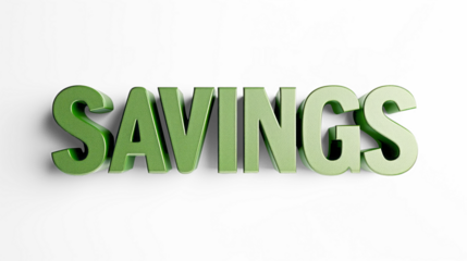 3D letter SAVINGS in green on a transparent background