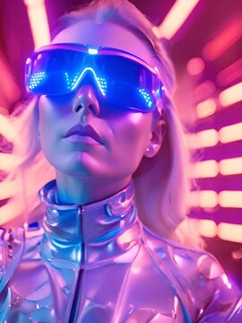 A beautiful blonde woman wearing blue chrome sunglasses and a futuristic silver outfit, with red lights in the background, in the style of fashion photography High contrast, high resolution