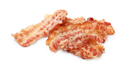 Delicious fried bacon slices isolated on white