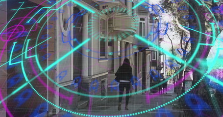 Image of scope scanning and data processing over diverse people walking on street