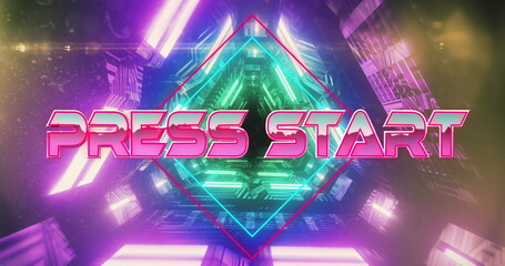Image of press start text banner over neon green and pink glowing tunnel in seamless pattern - Powered by Adobe
