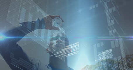 Image of data processing over african american man with water