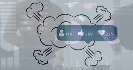 Image of data processing over media icons and diverse business people