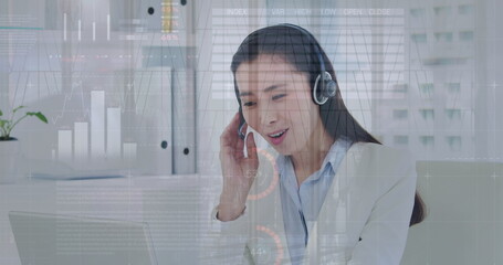 Image of data processing over asian businesswoman in office
