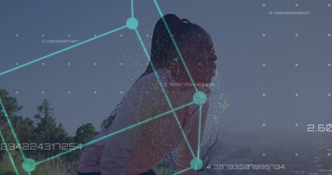 Image of network of connections over african american woman exercising