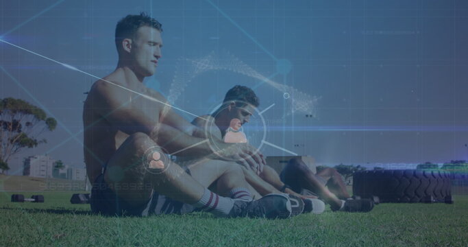 Image of network of connections over diverse men exercising